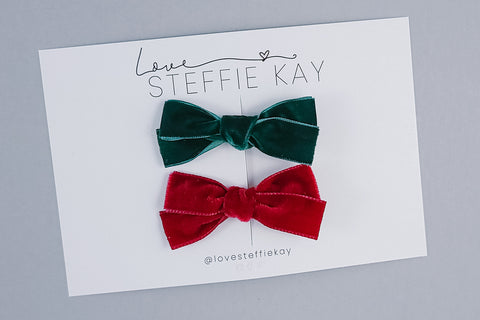 Velvet Pigtail Bows | Ruby Red + Evergreen