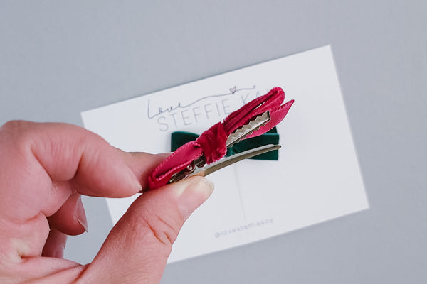 Velvet Pigtail Bows | Ruby Red + Evergreen