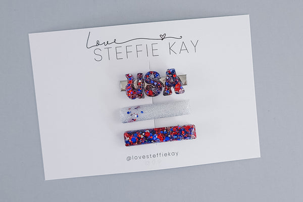 Resin Hair Clips | Red, White + Blue Glitter