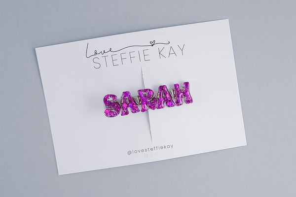 Glitter Personalized Hair Clip | Retro Font | Resin | 18 Options