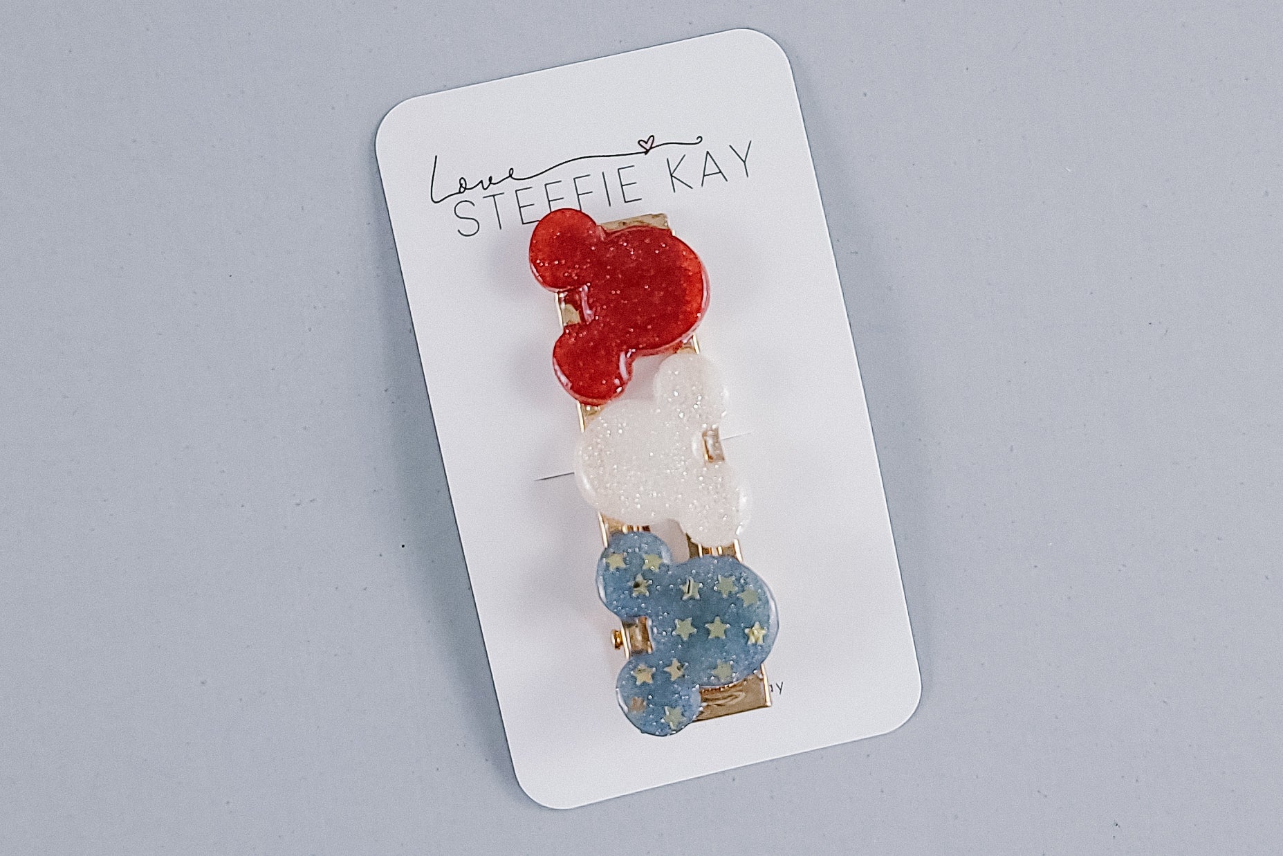 Resin Hair Clip | Red, White + Blue Triple Mouse Head