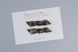 Knotted Pigtail Bows | Black + Gold Plaid Leather